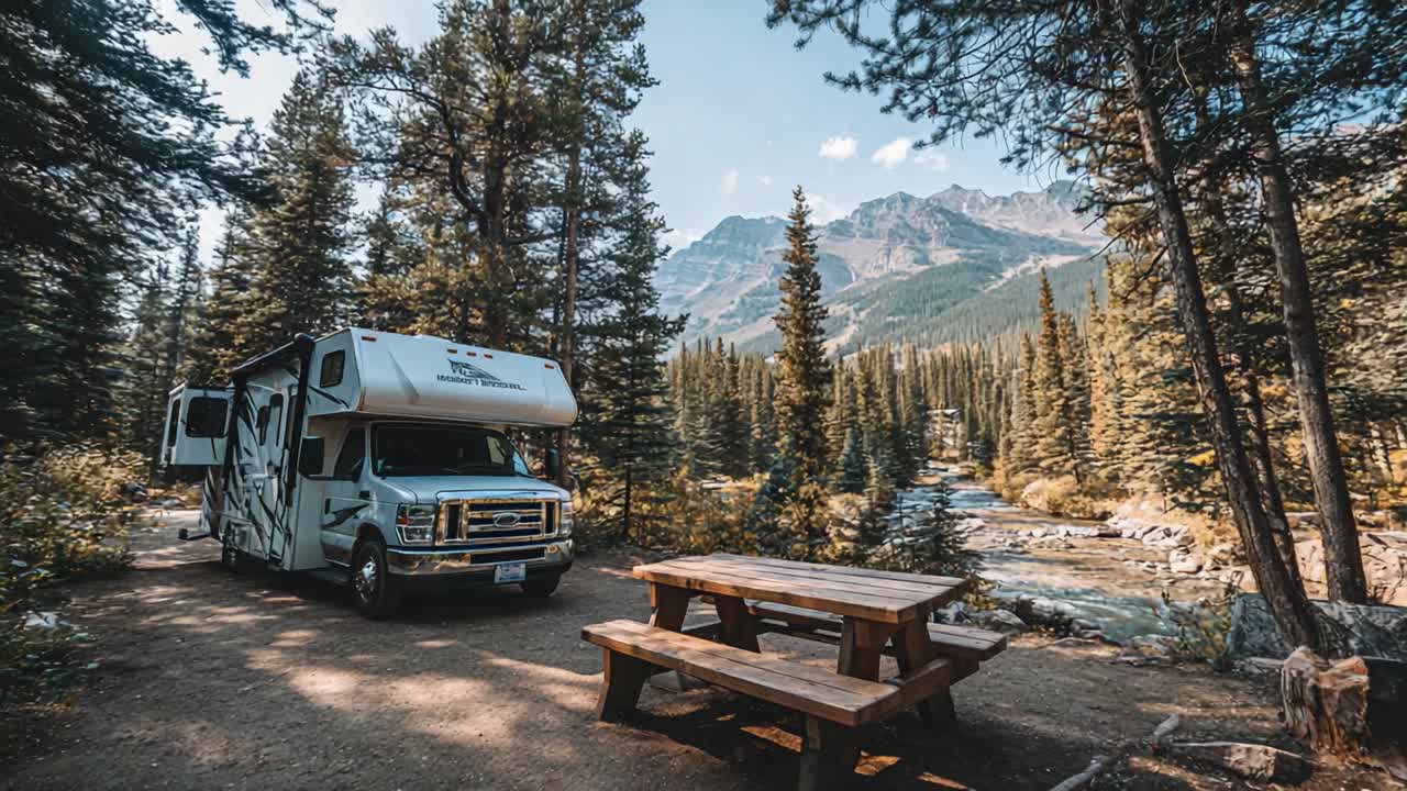 Una fuga panoramica: un campeggio per camper tranquillo tra pini lussureggianti e maestose montagne, perfetto per gli avventurieri che cercano la natura e il relax