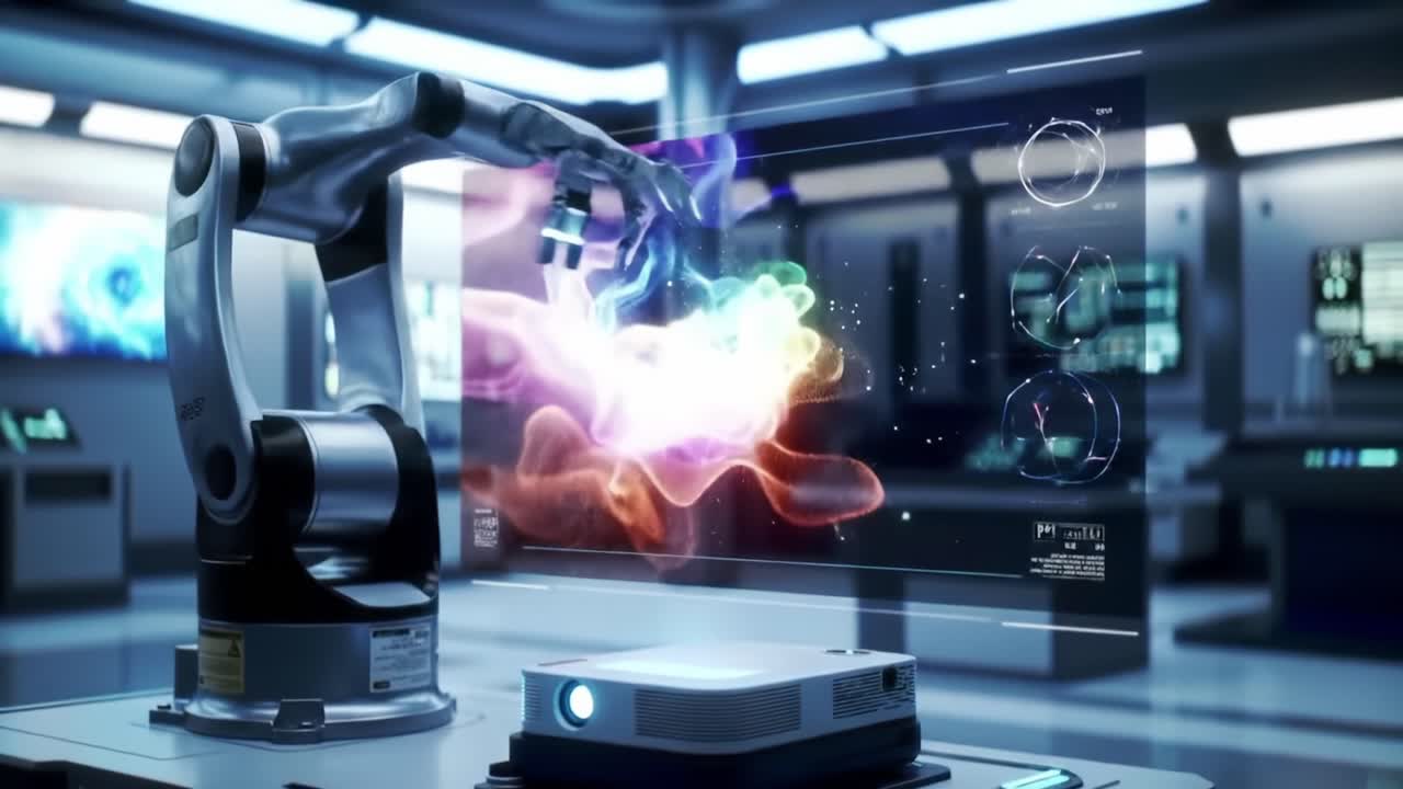 Innovative Robotic Arm Projecting Vivid Holographic Visuals in a High-Tech Laboratory Environment Showcasing the Future of Digital Interaction and Imagery