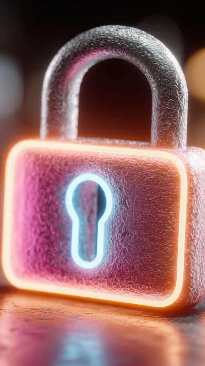 Un primer plano visualmente impactante de una cerradura brillante y futurista con un resplandor de neón, que simboliza la seguridad y la protección en la era digital