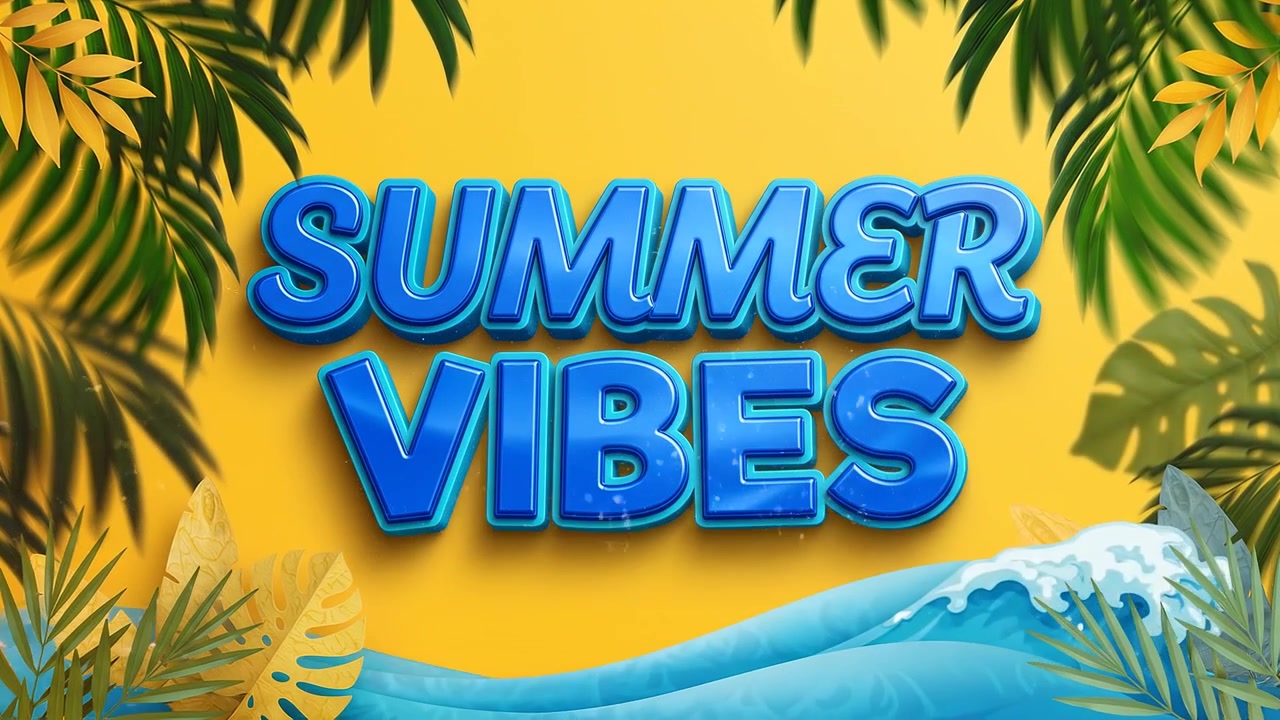 Animación de Banner de Estilo de Vida Tropical de Verano con Tipografía Azul y Fondo de Hojas de Palma
