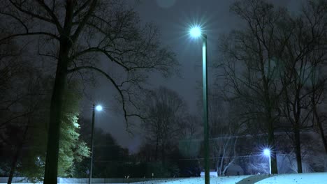 spooky winter night with snow with street lights in suburbia