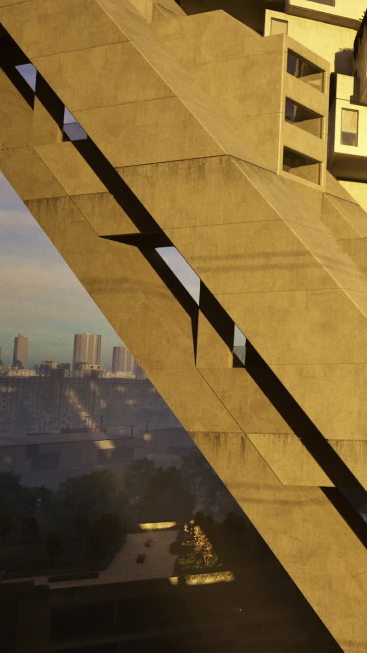 Arquitetura urbana exibe ângulos únicos ao pôr do sol em uma paisagem de concreto.