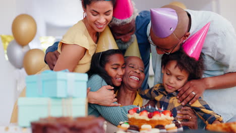 cake, elderly woman or hug for happy birthday