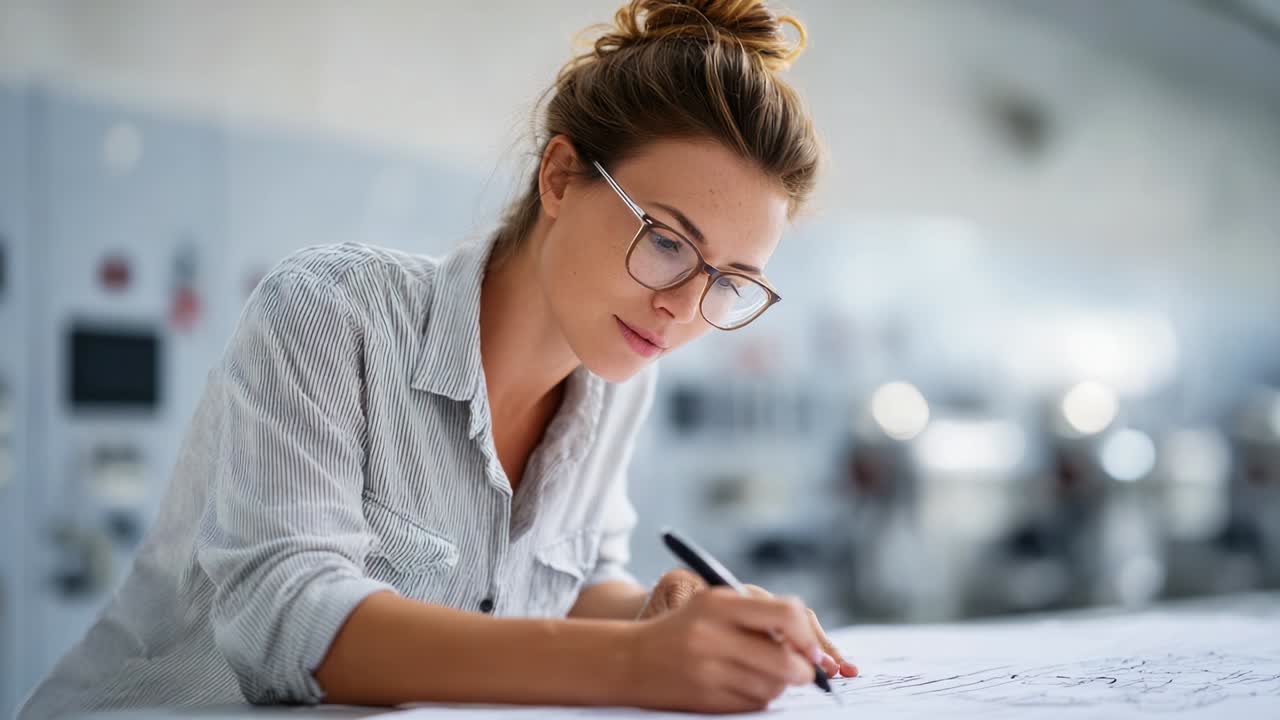 A focused young woman sketches designs with precision and creativity, showcasing her talent and dedication to the craft in a bright, modern workspace filled with inspiring tools and technology