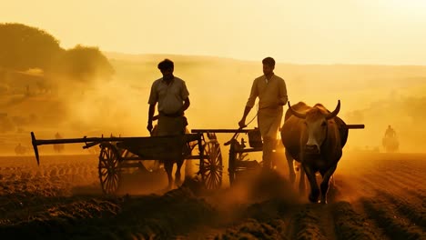 farmers plowing field with ox at sunset