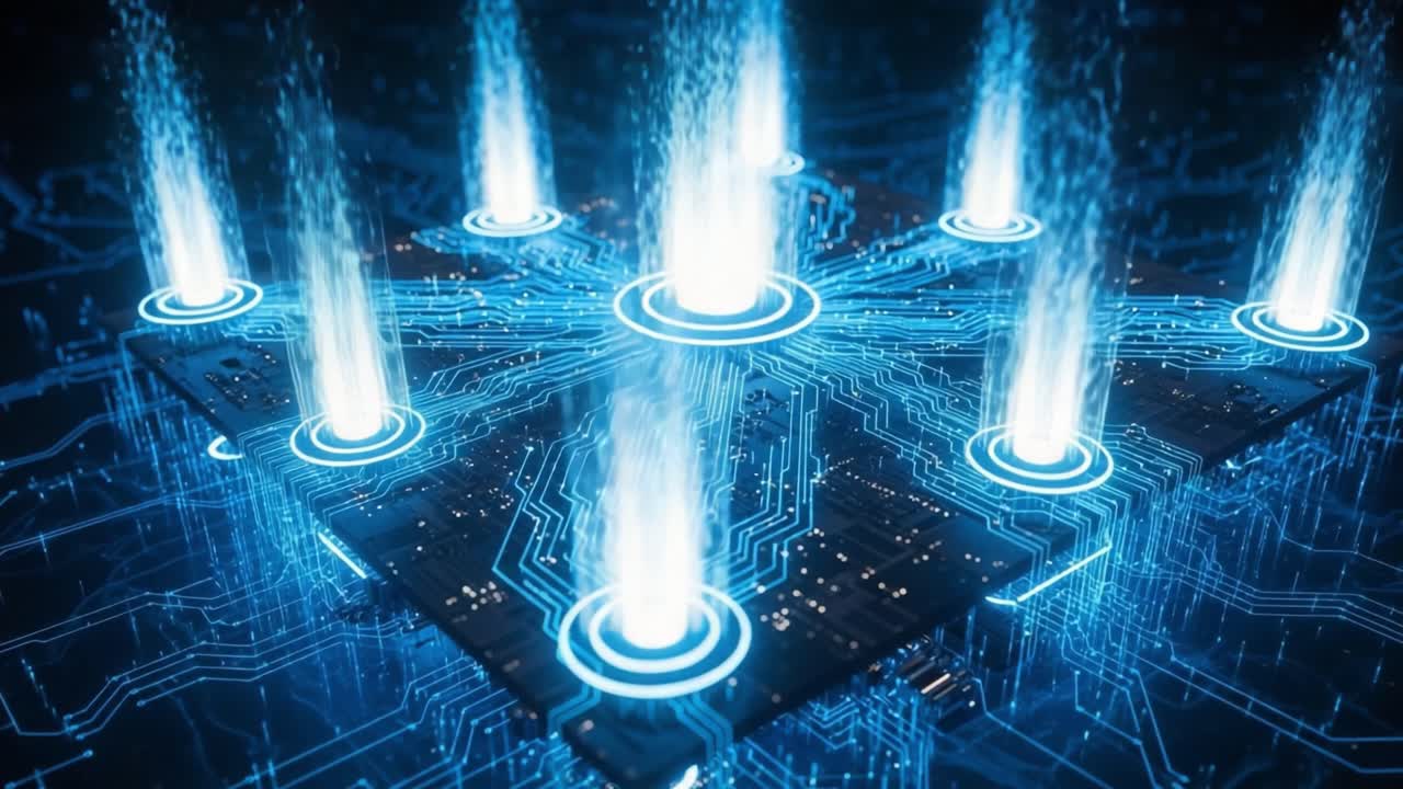 Dynamic Electronic Circuitry with Emanating Light Pulses Representing Advanced Technology and Data Processing in a Futuristic Environment