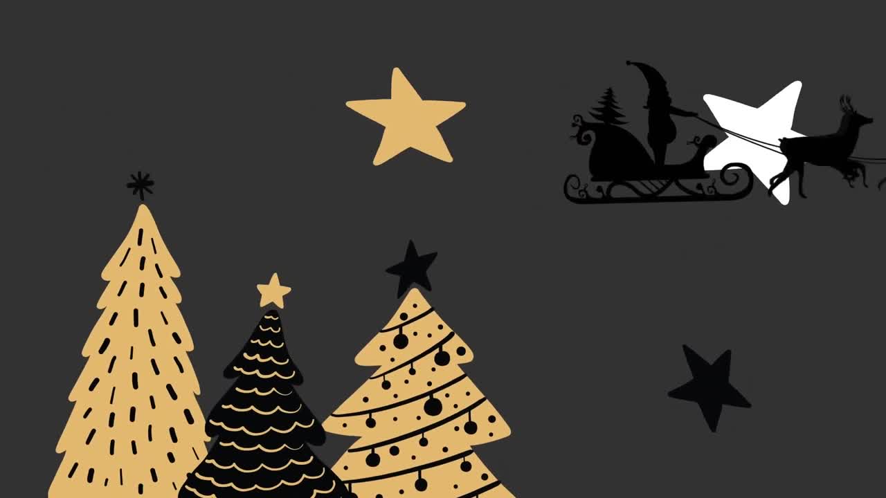 santa claus en trineo siendo tirado por renos contra múltiples árboles de navidad e iconos de estrellas