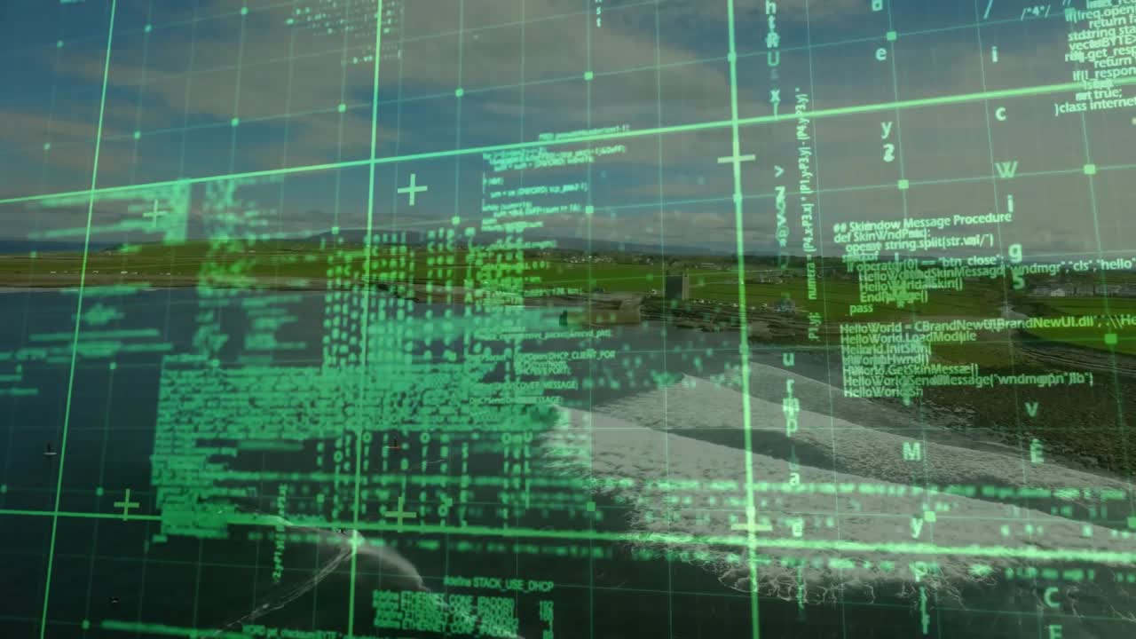 Translucent green grid overlaying rocky coast and fields, showing scrolling code over ocean waves