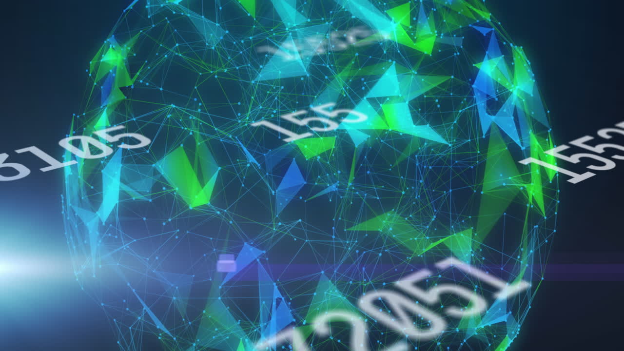 파란색 배경에서 회전하는 플렉서스 네트워크를 통해 여러 번 변하는 숫자