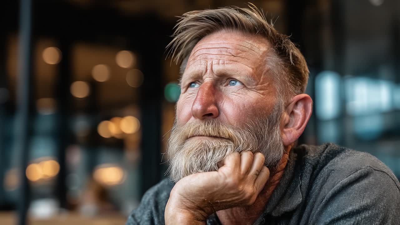 Individuo contemplativo in un caffè moderno, immerso nei pensieri con un'espressione introspettiva, che emana un senso di saggezza ed esperienza.