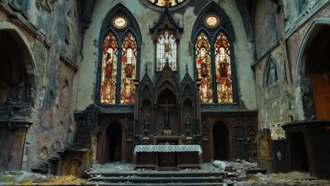 a church with stained glass windows and pews in it