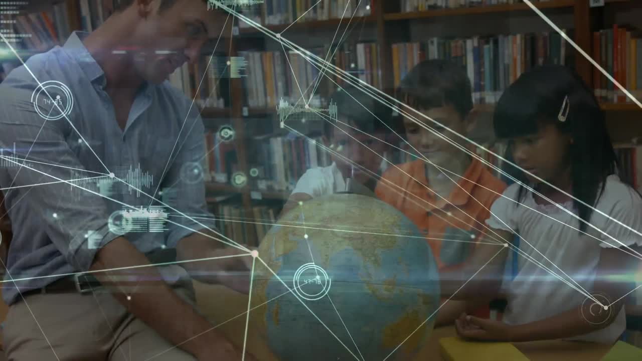 red de conexiones a través de profesores masculinos que enseñan geografía a los estudiantes en la escuela primaria