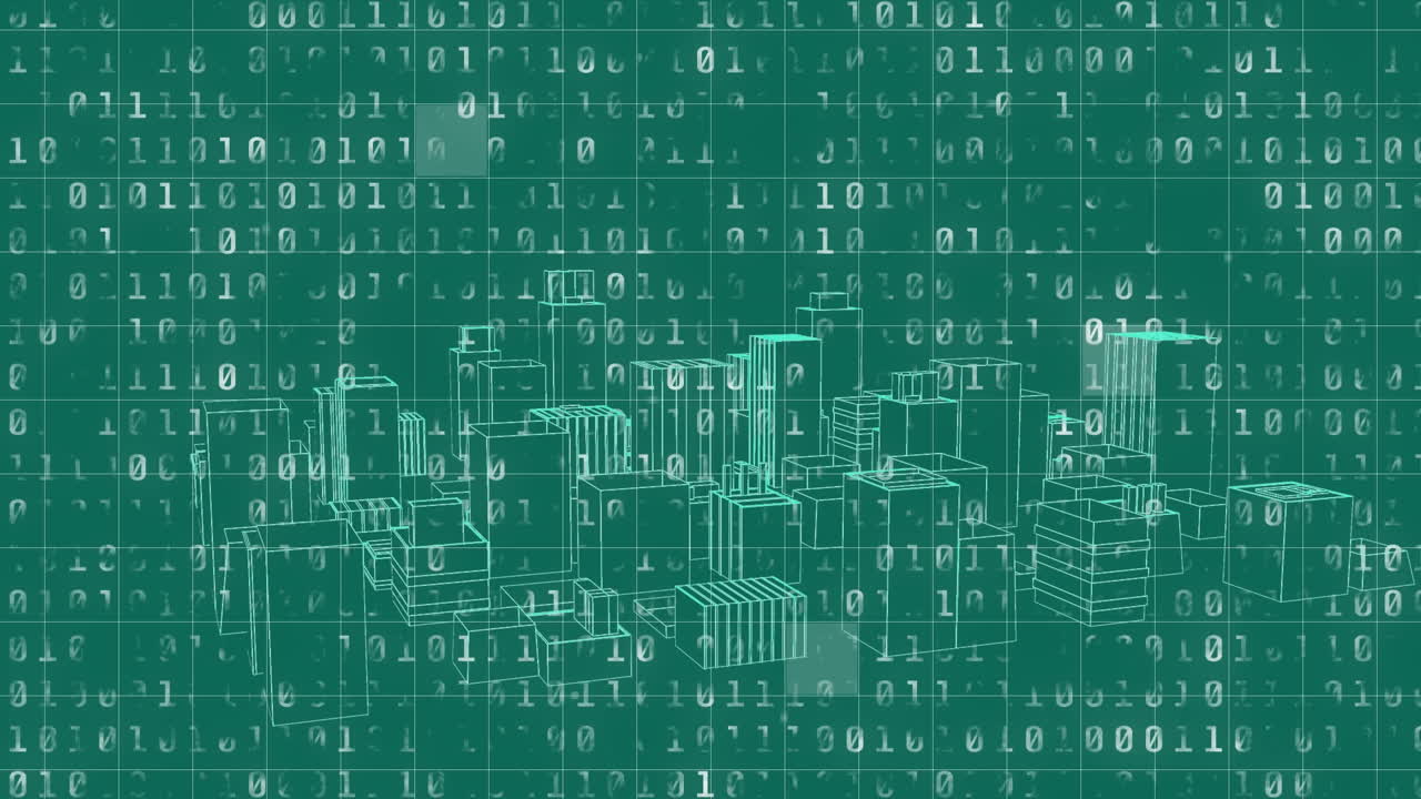 Animation of binary coding data processing over cityscape on green background