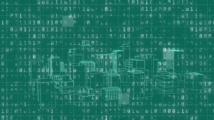 Animation of binary coding data processing over cityscape on green background