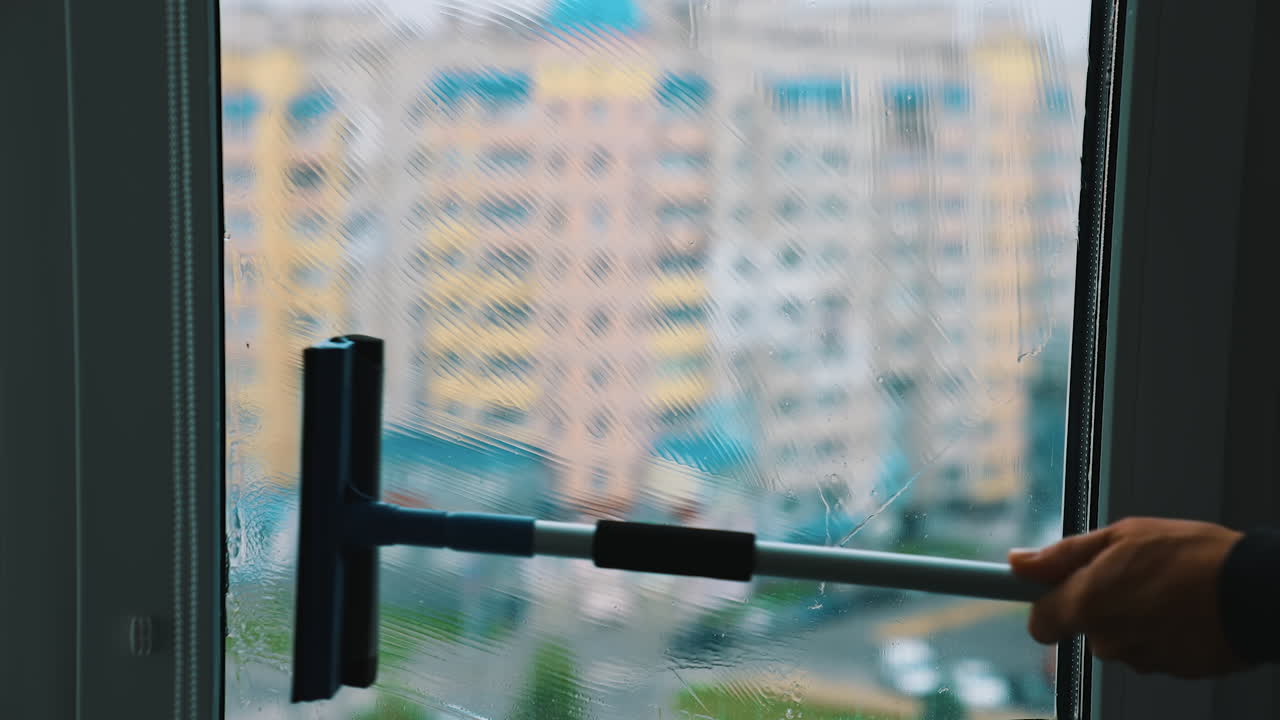 Brush cleaning dirty window with water and soap. Washing glass window inside on city building background.