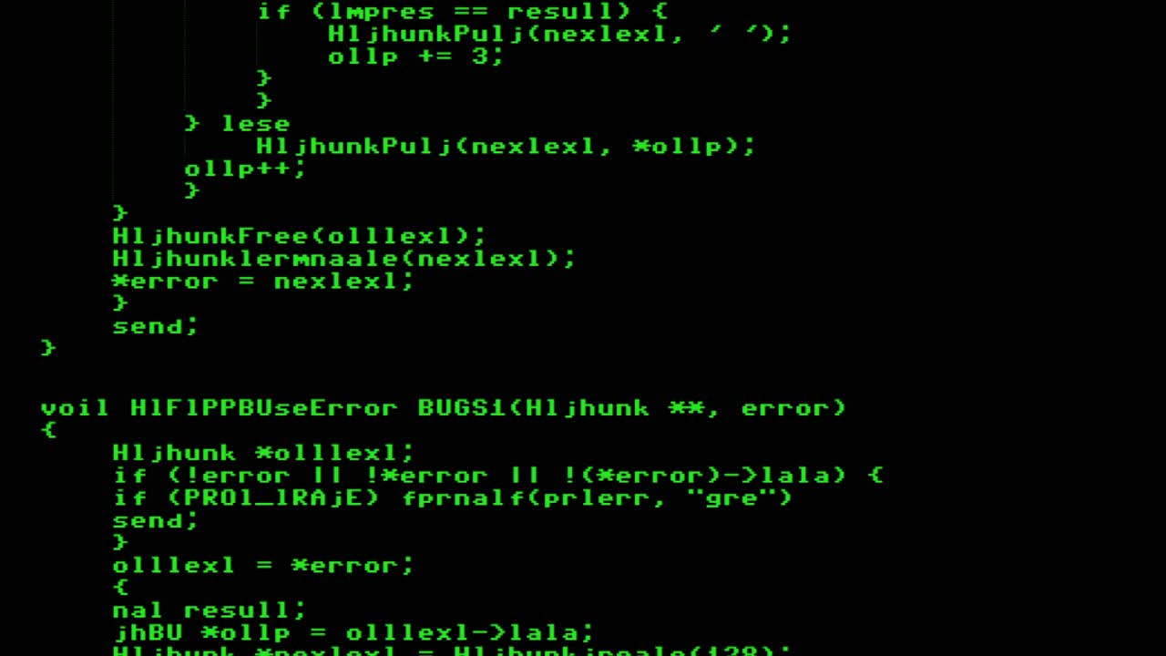 An obfuscated source code text , scrolling down like it's studied