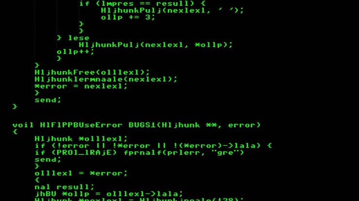 An obfuscated source code text , scrolling down like it's studied