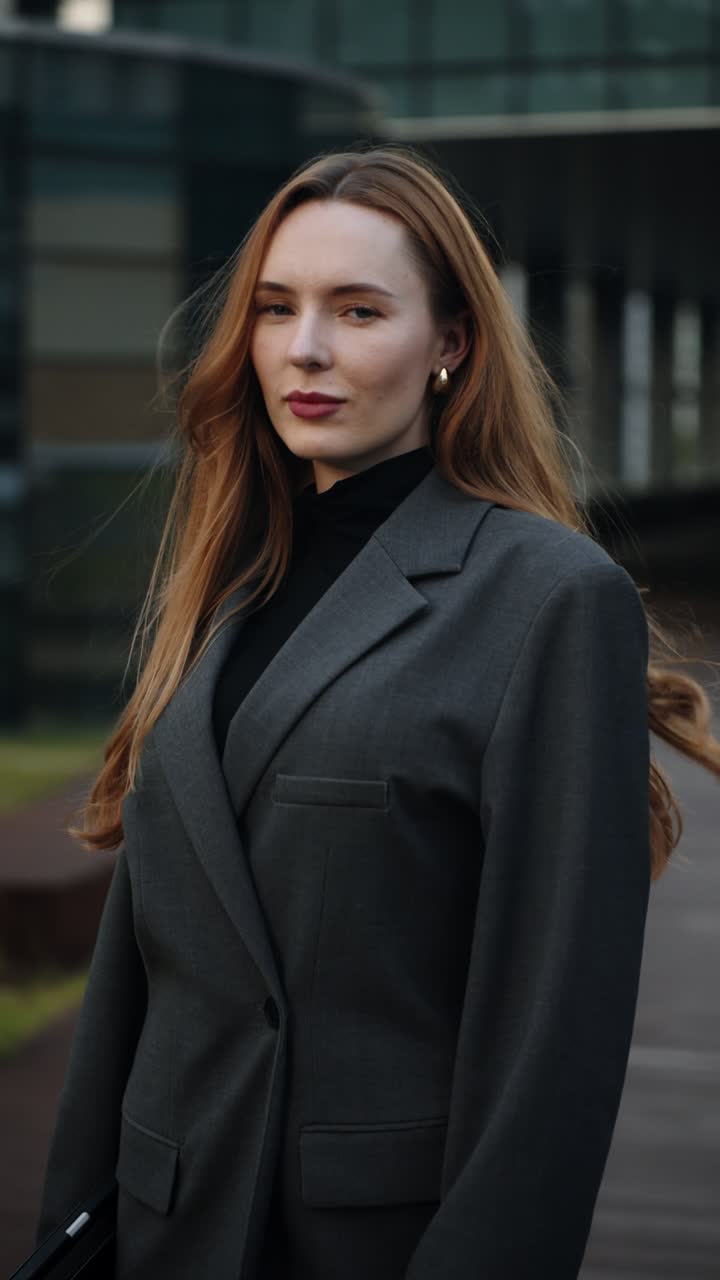 A red-haired Caucasian businesswoman looks into the camera before turning aside to admire the sunset, filmed on a Seoul rooftop in a cinematic parallax push-in shot