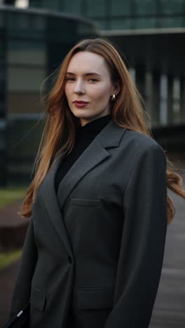 a red-haired caucasian businesswoman looks into the camera before turning aside to admire the sunset, filmed on a seoul rooftop in a cinematic parallax push-in shot