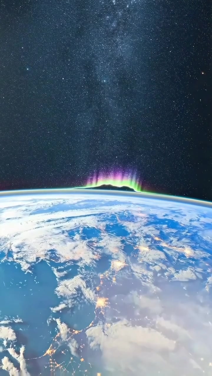 Beautiful Earth from Space with Aurora Borealis and Sunrise Transition