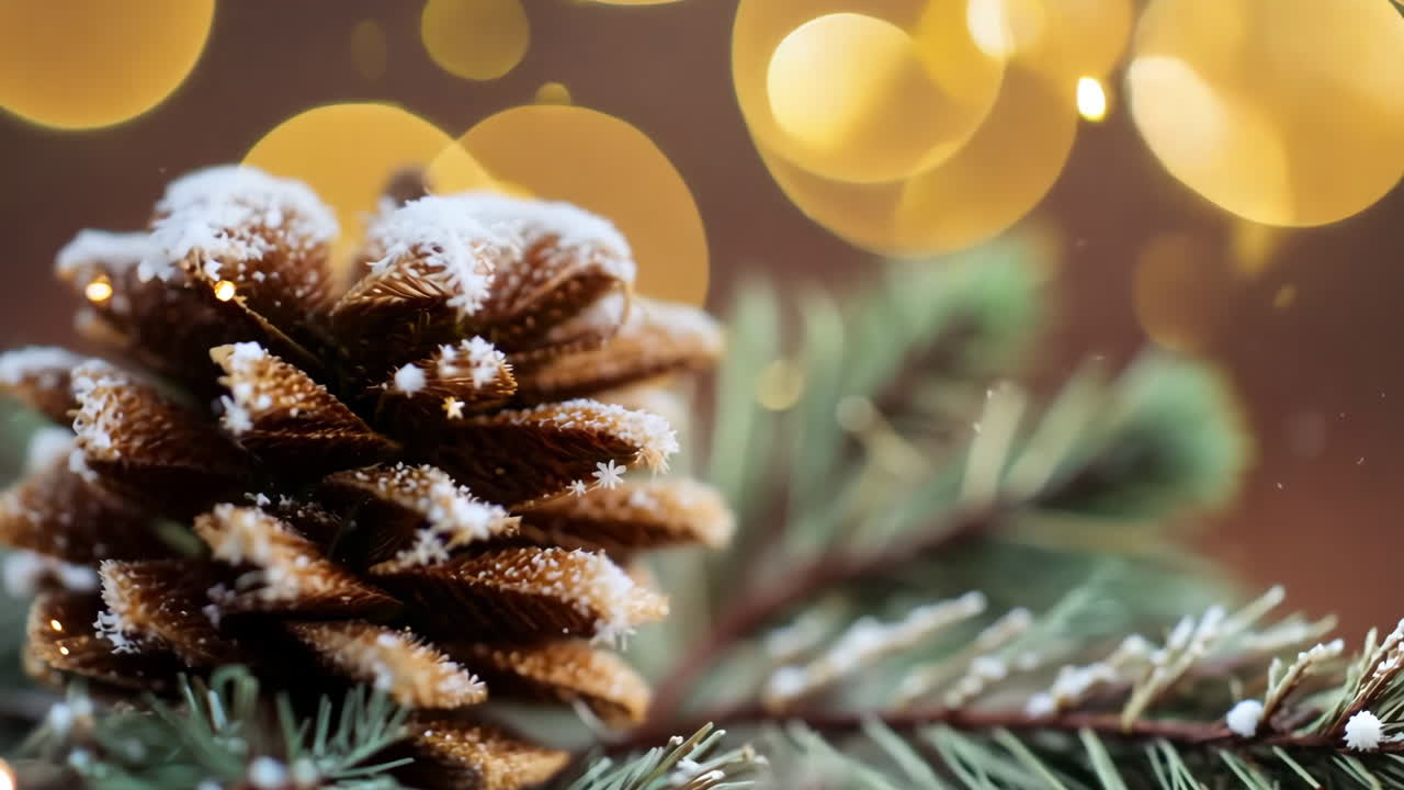 A pine cone covered in snow sits on a tree branch. The snow on the pine cone is white and fluffy, giving it a wintery appearance