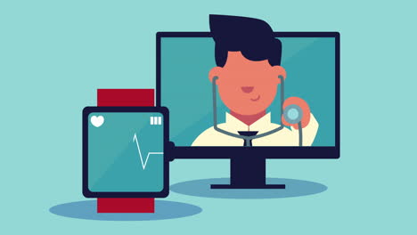 doctor in desktop and smartwatch health animation