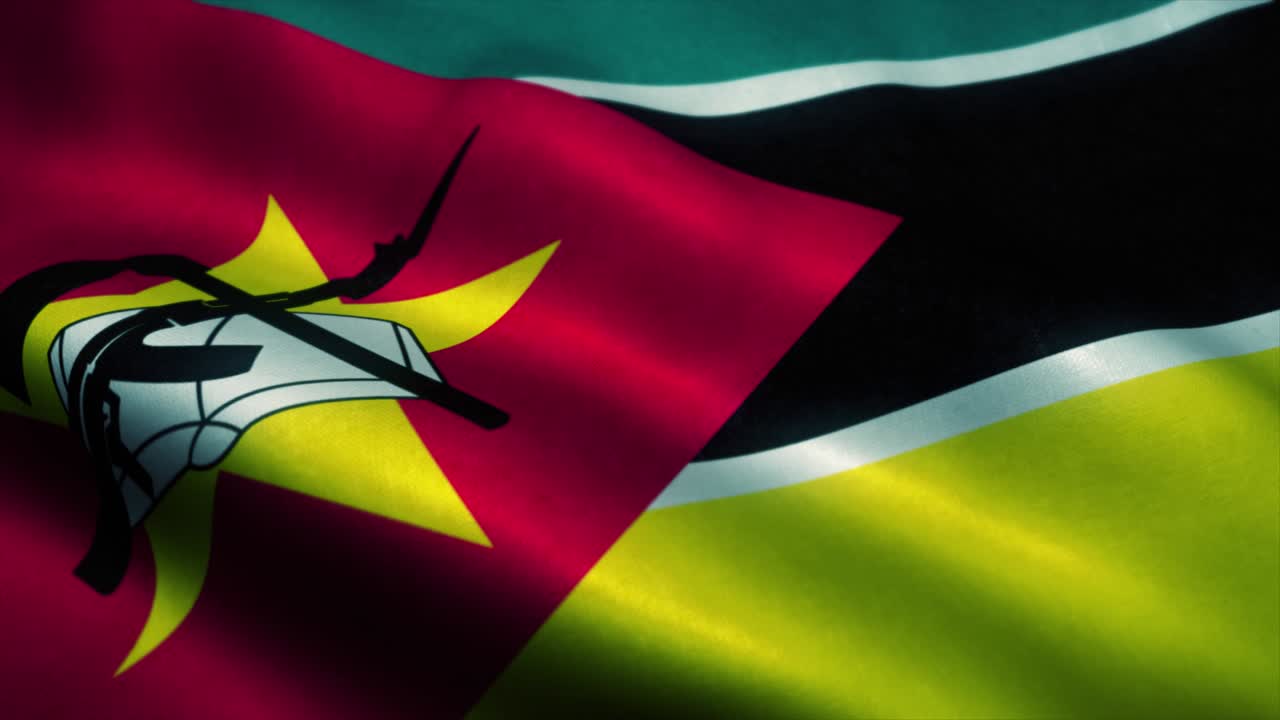 Bandiera del Mozambico che sventola al vento. Bandiera nazionale del Mozambico. Simbolo del Mozambico, animazione in loop continuo. 4K