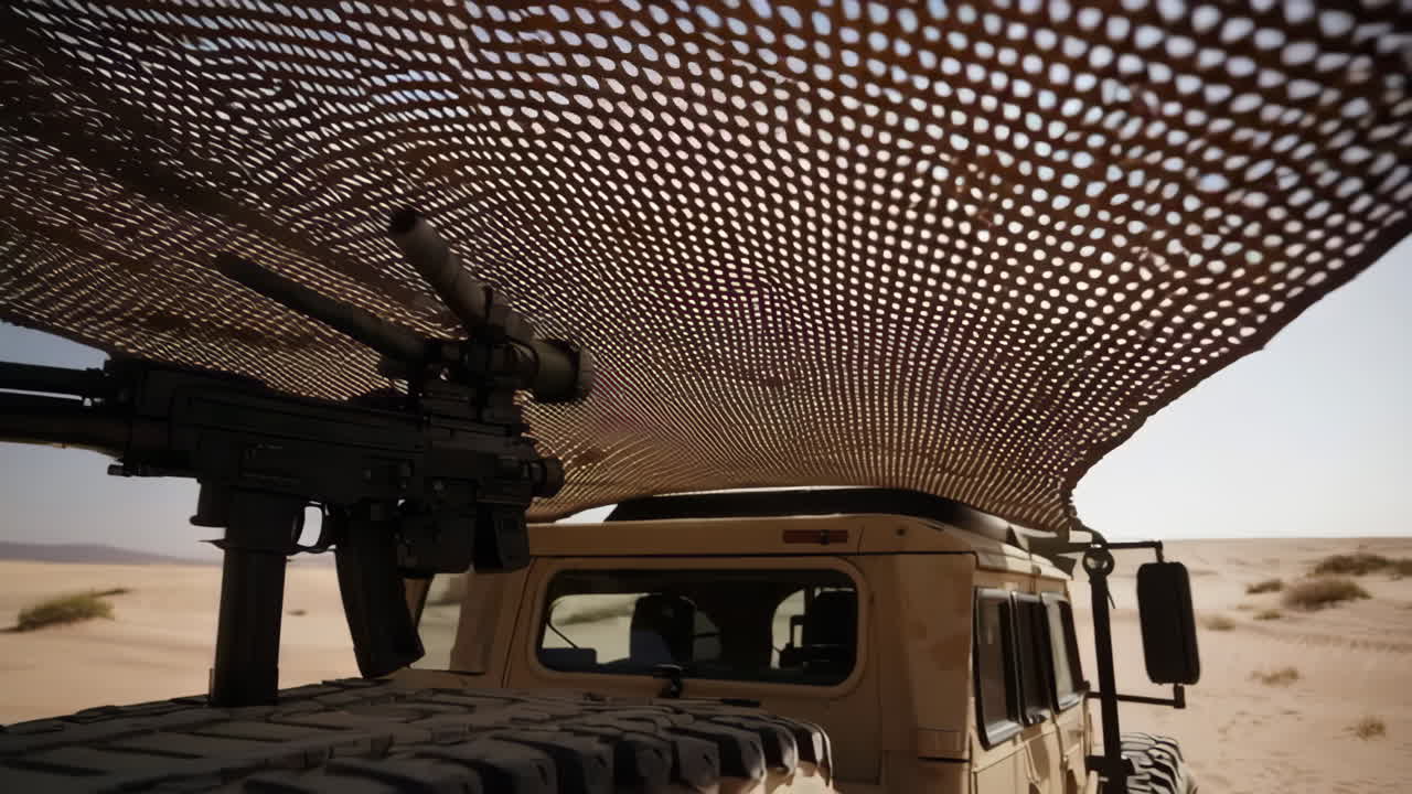 Military vehicle with weapon in desert