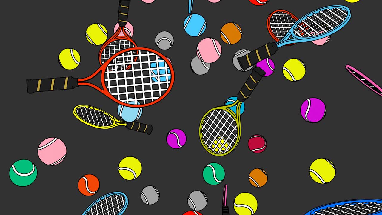 회색 바탕에 다채로운 테니스 공과 테니스 라켓을 그린 스타일입니다.