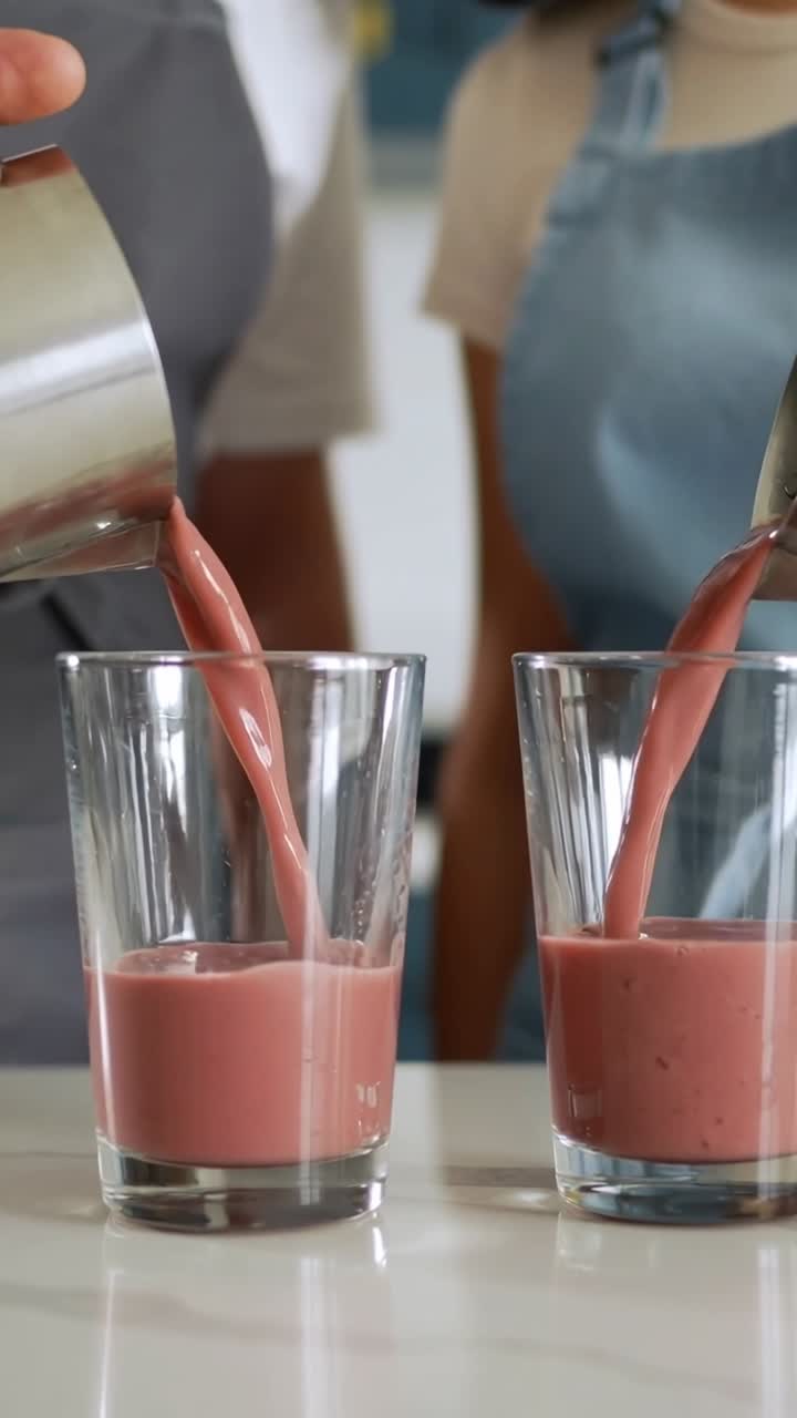 Video verticale: Una coppia di brocche con grembiuli che si inclinano versando frullati rosa in tazze su un piano di marmo.