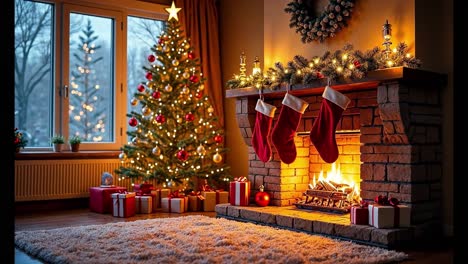 acogedora sala de estar de navidad con chimenea y árbol de navidad