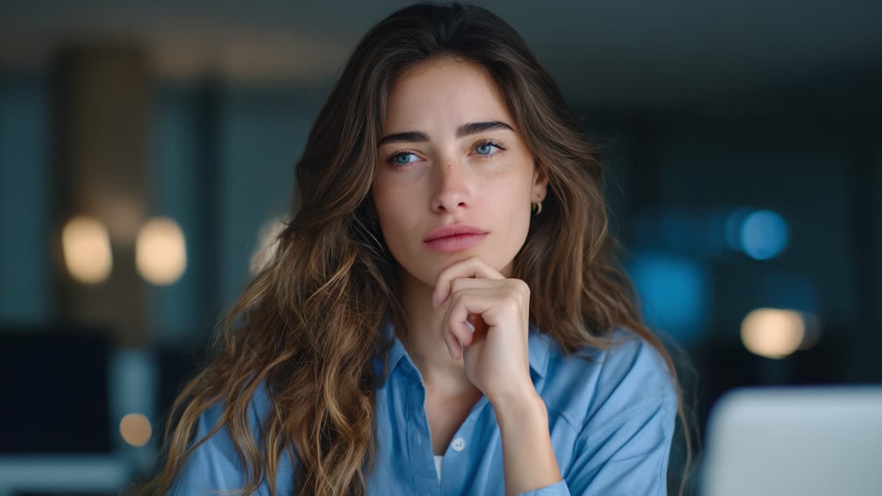 A Thoughtful Young Woman Contemplating in a Modern Office Setting, Captured in a Personal Moment of Reflection and Introspection