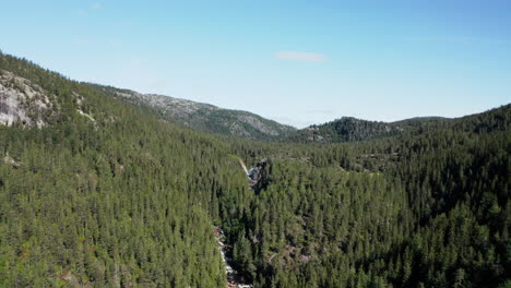 aerial view towards the rjukanfossen waterfall, sunny, summer day, in tinn, agder, south norway - dolly, drone shot