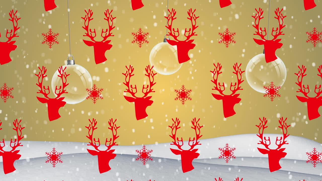 animación de la cabeza del reno repetida sobre los adornos del árbol de navidad