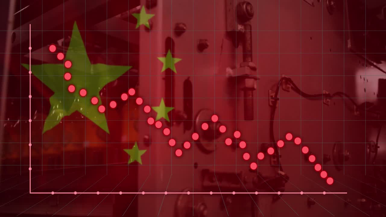 中国の国旗のアニメーションと都市上の金融データ処理
