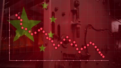 animation of flag of china and financial data processing over city