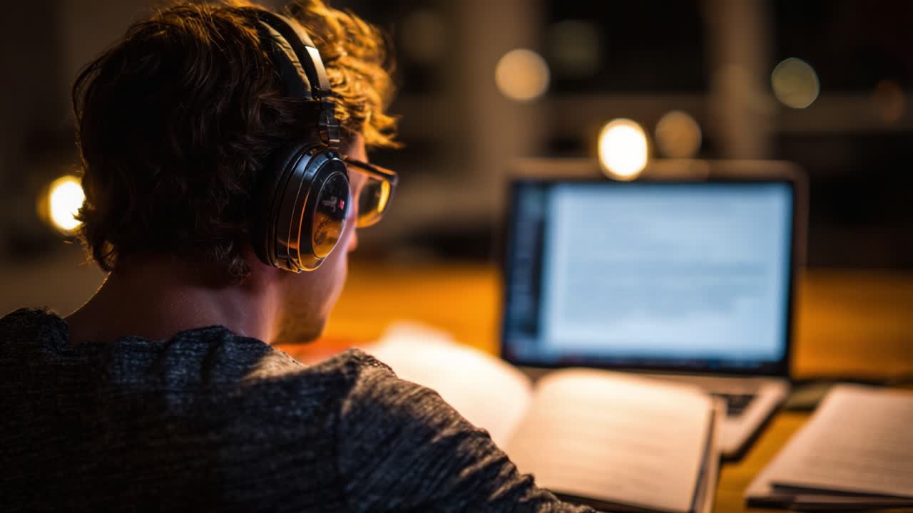 Focused Student Engaged in Online Learning at Night, with Warm Lighting Enhancing Concentration and Creating a Productive Atmosphere Enhanced by Headphones