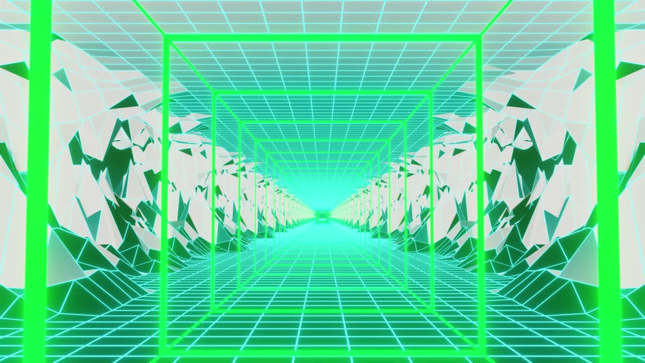 fondo de bucle vj con cuadrado de neón verde y montaña azul