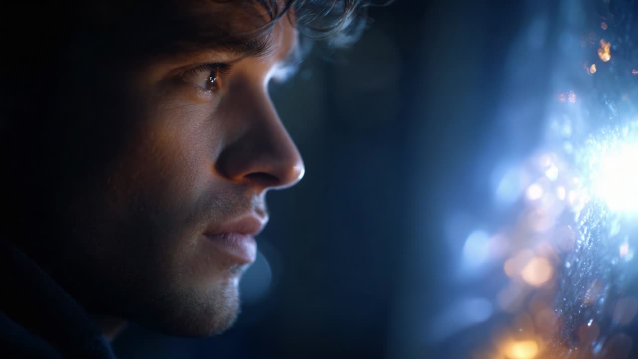 A Deep Reflection on Life: A Young Man Stares Melancholically Through a Rain-soaked Window, Illuminated by Soft Light, Evoking Thoughts of Dreams, Memories, and the Passage of Time