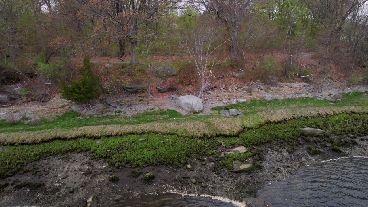 дронный вид на красивые зеленые берега реки провиденс