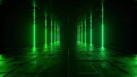fondo futurista de ciencia ficción. luces de neón verdes brillando en una habitación con suelo de hormigón con reflejos de espacio vacío. alienígena, nave espacial, futuro, arco. progreso. animación 3d de bucle sin costuras.