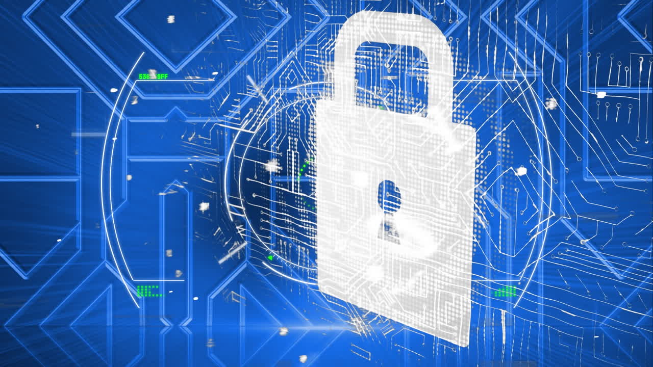 Animazione di scansione radar con lucchetto di sicurezza online e rete di connessioni
