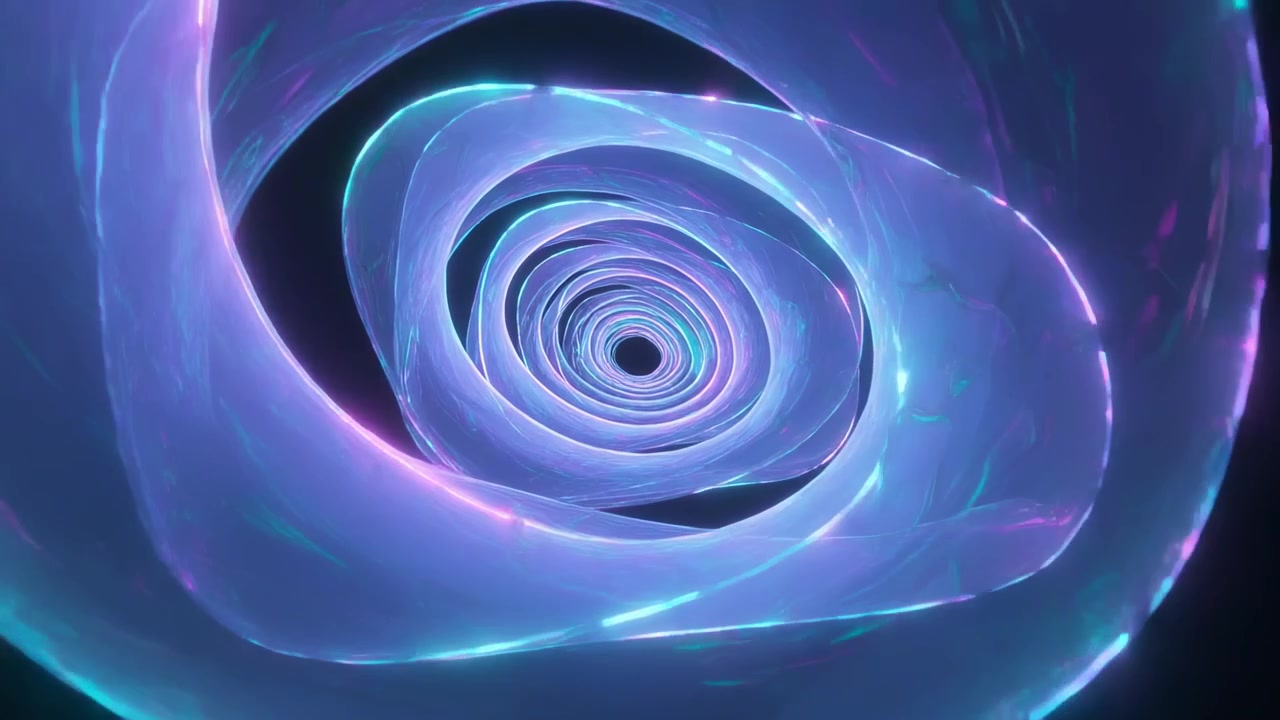 Cam moving inward, translucent spiral tunnel rotating toward void with neon edges, suggesting loop