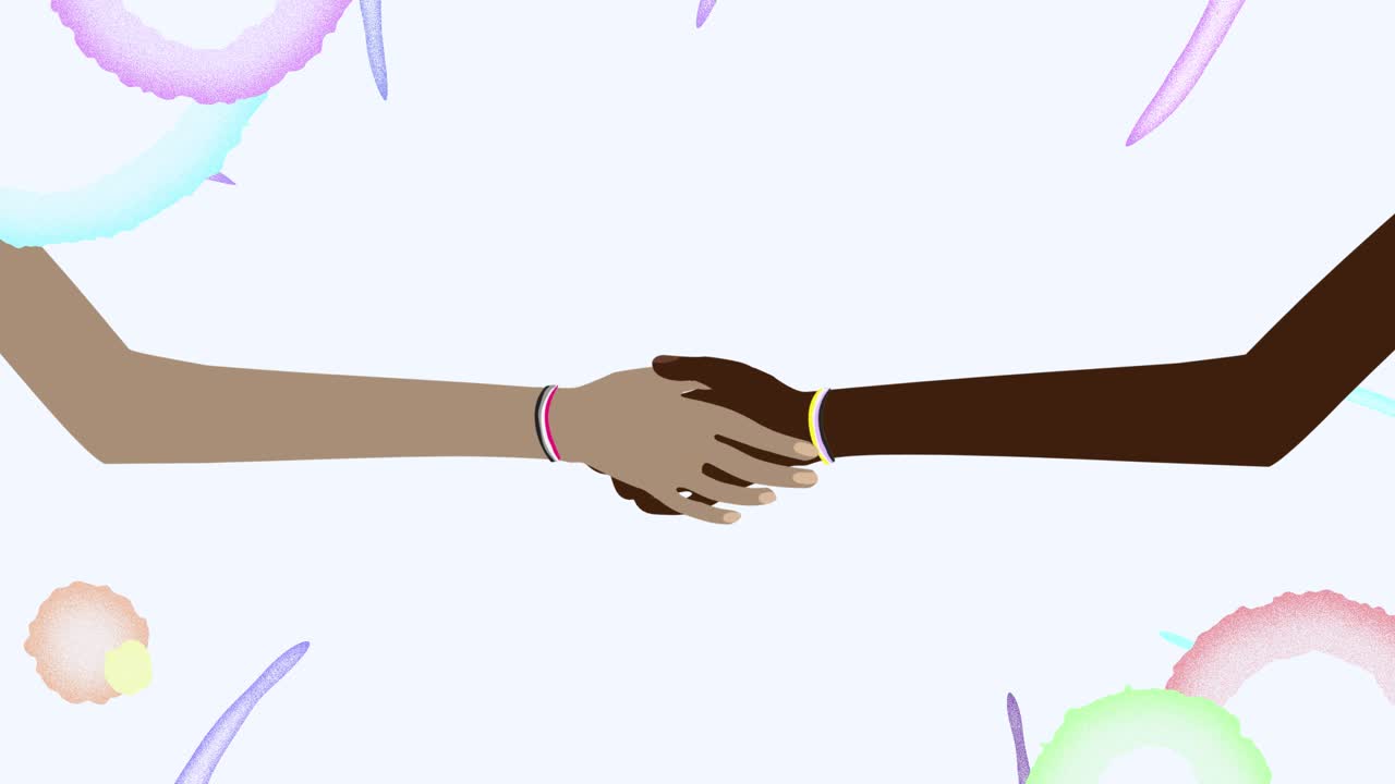 Two people with asexual and nobinary bracelets shaking hands