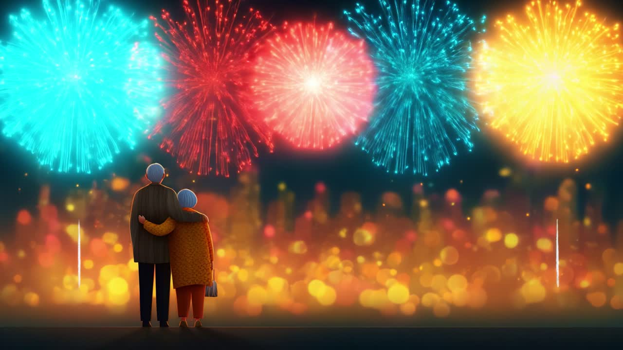 Celebrating Together: An Animated Scene of Two Elderly Figures Enjoying a Beautiful Fireworks Display Against a Vibrant Skyline, Signifying Joy, Love, and Togetherness