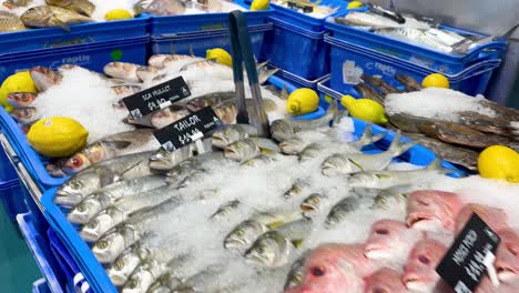 variety of fish on ice with lemons