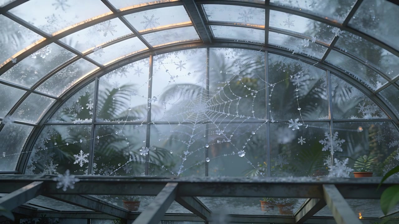 Breeze nudging palms, camera filming arched glasshouse, revealing dewy web, snowflake decals, pots