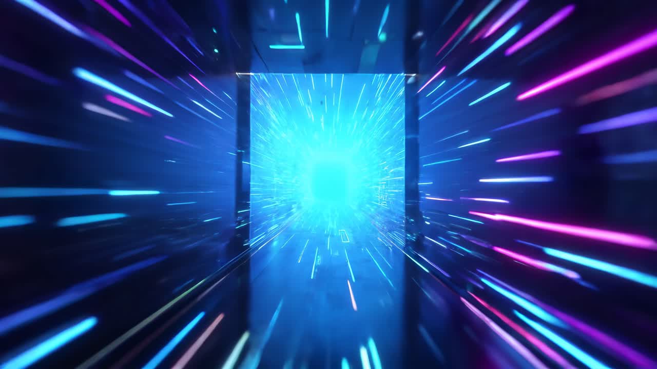 Futuristic corridor with neon lights in a vanishing point perspective