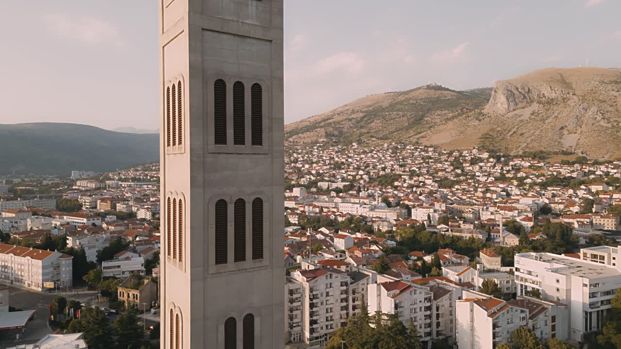 Drone footage of a church tower in Mostar