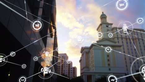 animation of networks of connections with icons over cityscape